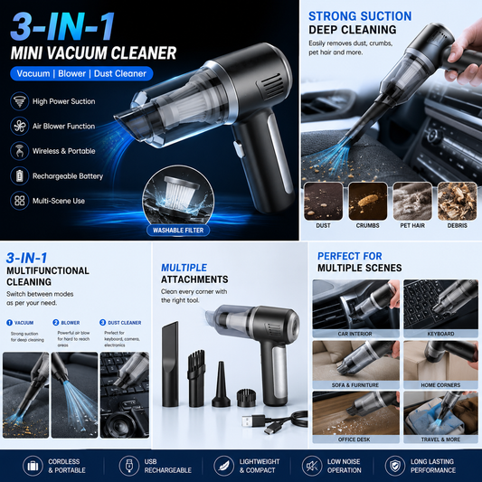 3-in-1 Wireless Portable Vacuum Cleaner for Car, Home & Keyboard | Rechargeable Handheld Dust Cleaner