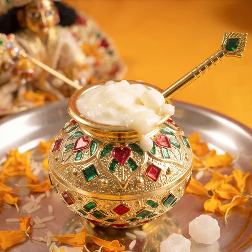 🪔Laddu Gopal Makhan Matki with Spoon Set | Decorative Pooja Pot | Krishna Bhog & Janmashtami Decoration | 2-Piece Set