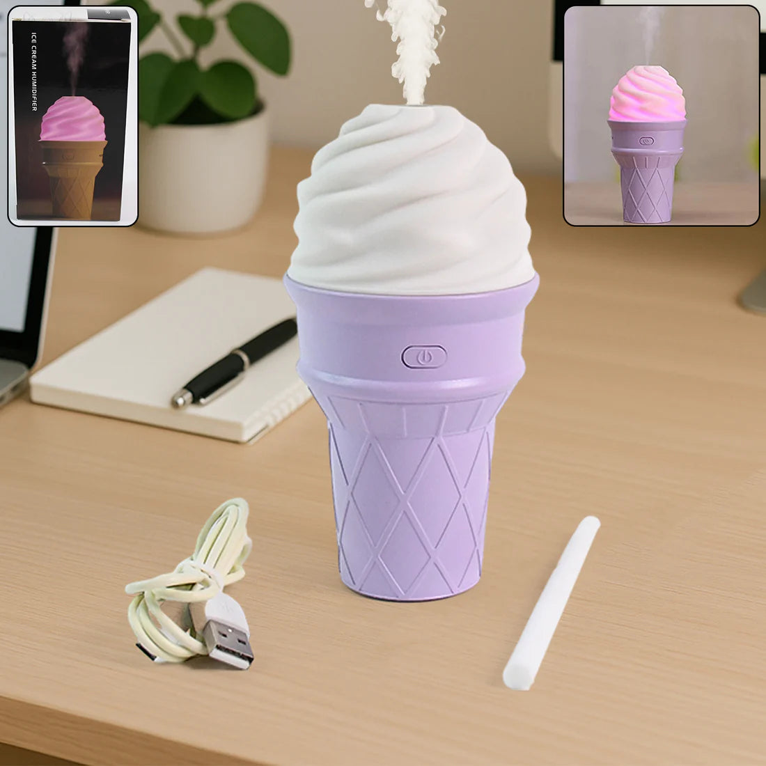 Ice Cream Cone Shape USB Humidifier with LED Night Light | Portable Cool Mist Aroma Diffuser & Air Freshener for Home, Office & Bedroom (Purple)