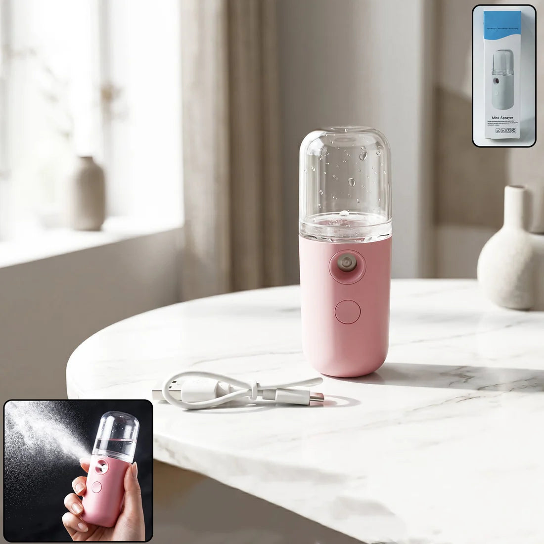 Mini Nano Mist Sprayer USB Rechargeable Portable Face Steamer & Facial Humidifier | Ultra-Fine Mist Skin Hydration Device for Home, Office & Travel