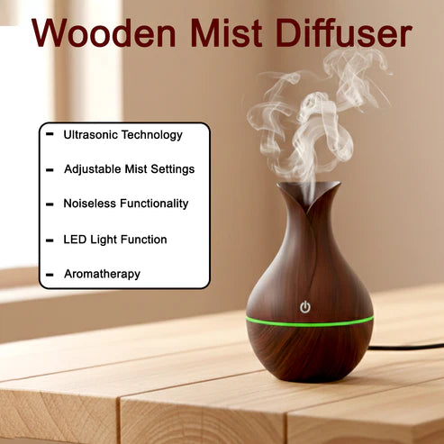 Wooden USB Humidifier & Aroma Diffuser with LED Light | Ultrasonic Cool Mist Air Moisturizer for Home, Office & Bedroom
