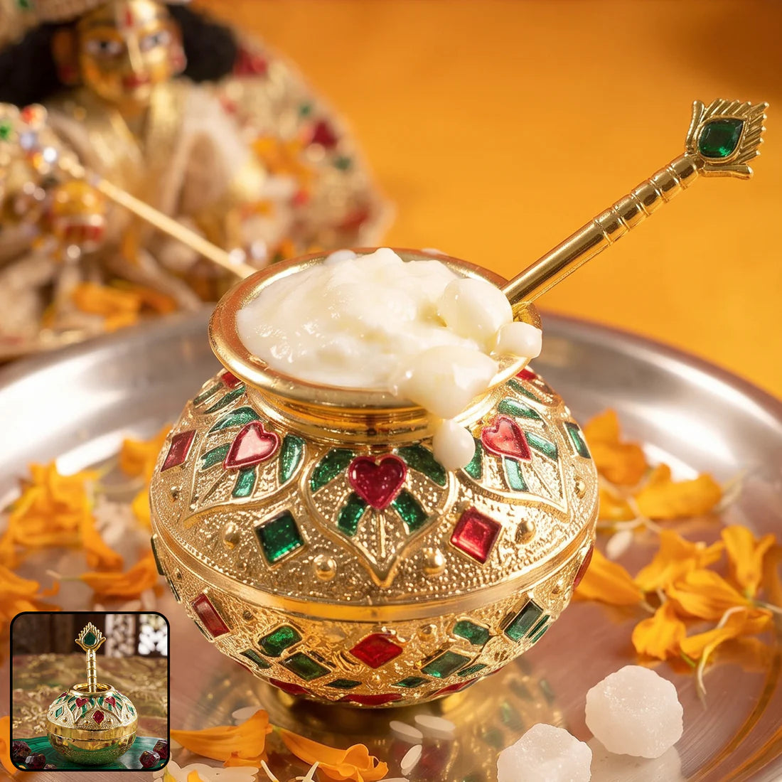 🪔Laddu Gopal Makhan Matki with Spoon Set | Decorative Pooja Pot | Krishna Bhog & Janmashtami Decoration | 2-Piece Set