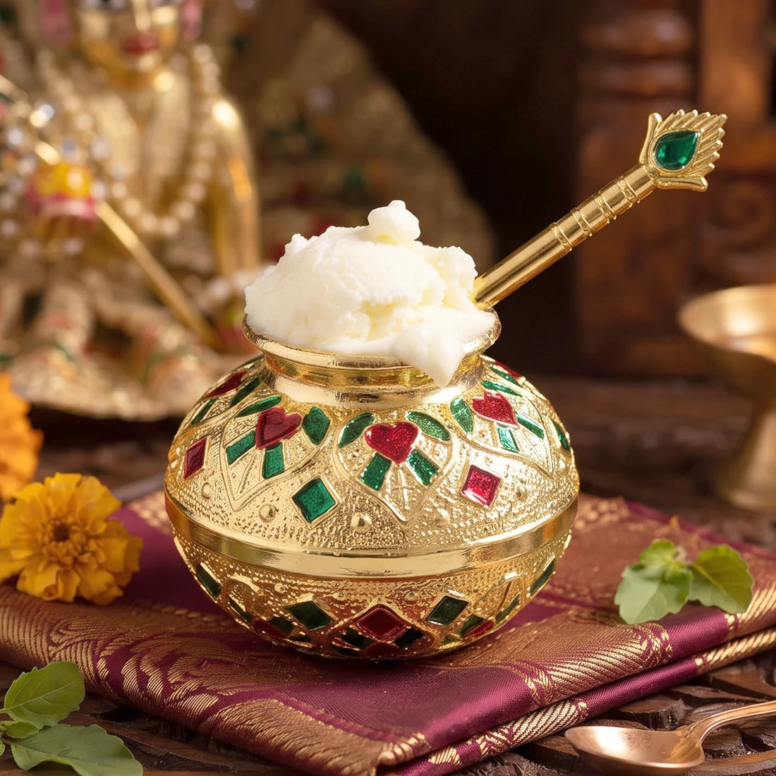 🪔Laddu Gopal Makhan Matki with Spoon Set | Decorative Pooja Pot | Krishna Bhog & Janmashtami Decoration | 2-Piece Set