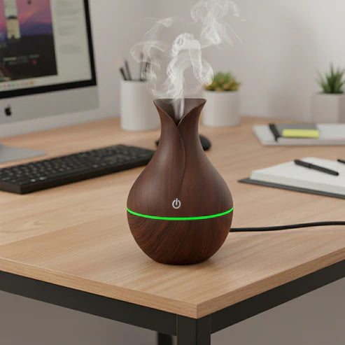 Wooden USB Humidifier & Aroma Diffuser with LED Light | Ultrasonic Cool Mist Air Moisturizer for Home, Office & Bedroom