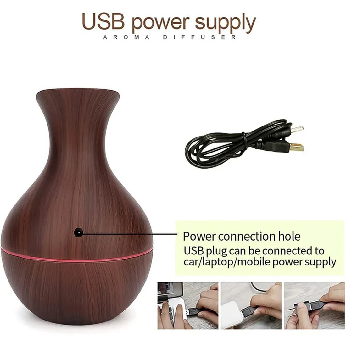 Wooden USB Humidifier & Aroma Diffuser with LED Light | Ultrasonic Cool Mist Air Moisturizer for Home, Office & Bedroom