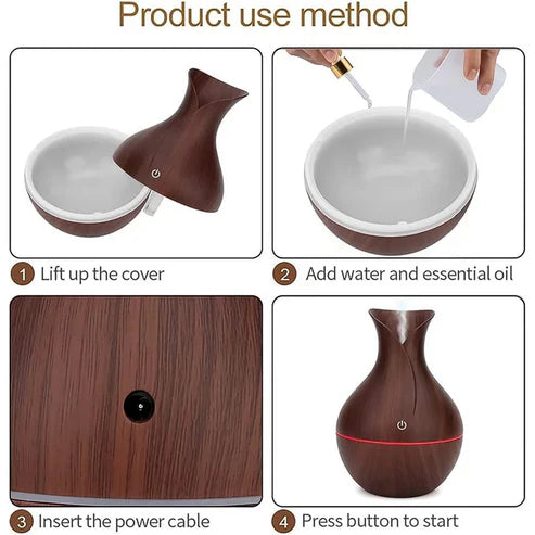 Wooden USB Humidifier & Aroma Diffuser with LED Light | Ultrasonic Cool Mist Air Moisturizer for Home, Office & Bedroom