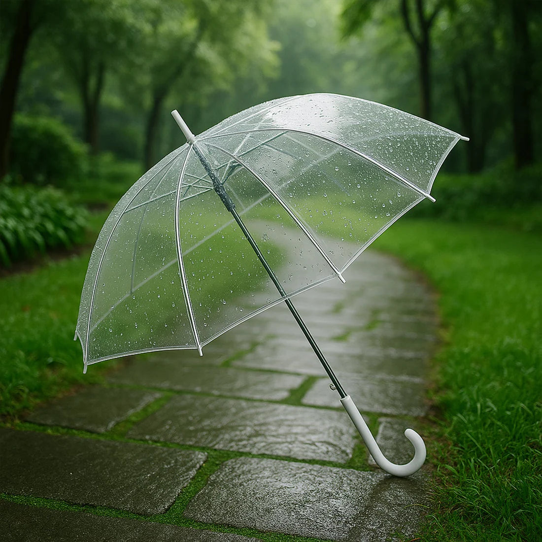 ☔Premium Transparent Dome Umbrella with Curved Handle | Windproof Clear Bubble Rain Umbrella for Men, Women & Teens