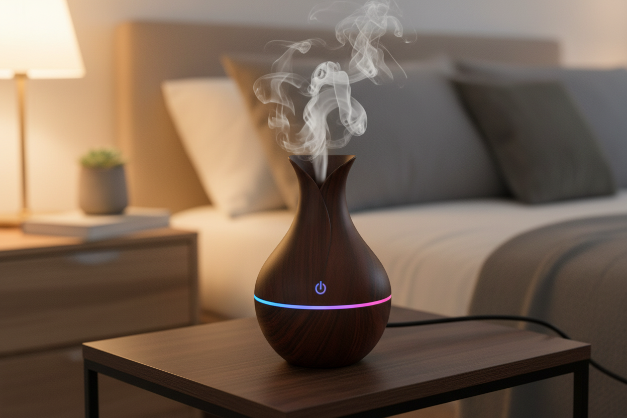 Wooden USB Humidifier & Aroma Diffuser with LED Light | Ultrasonic Cool Mist Air Moisturizer for Home, Office & Bedroom